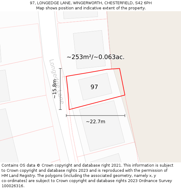 97, LONGEDGE LANE, WINGERWORTH, CHESTERFIELD, S42 6PH: Plot and title map