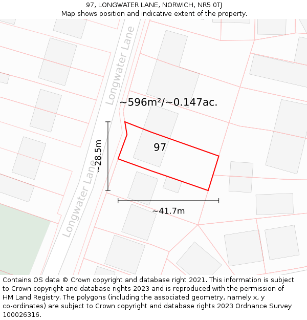 97, LONGWATER LANE, NORWICH, NR5 0TJ: Plot and title map