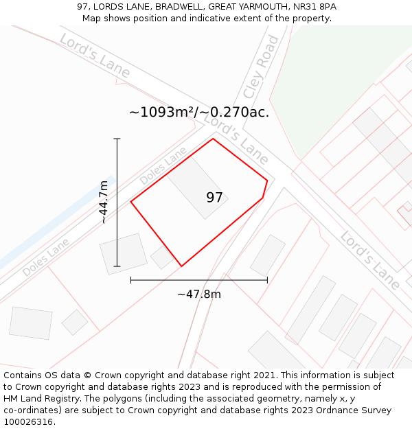 97, LORDS LANE, BRADWELL, GREAT YARMOUTH, NR31 8PA: Plot and title map