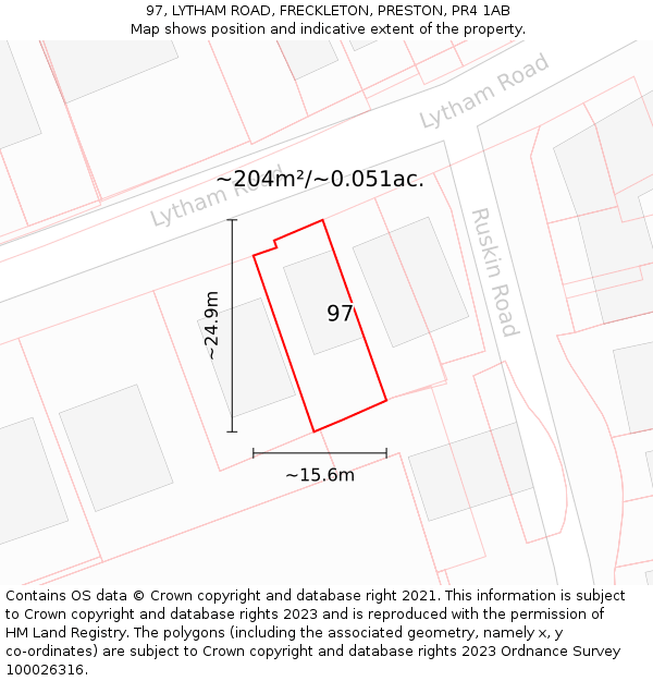 97, LYTHAM ROAD, FRECKLETON, PRESTON, PR4 1AB: Plot and title map