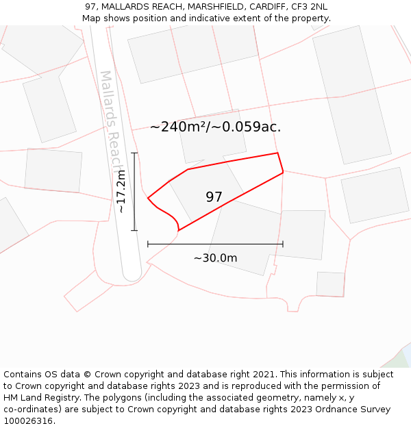 97, MALLARDS REACH, MARSHFIELD, CARDIFF, CF3 2NL: Plot and title map