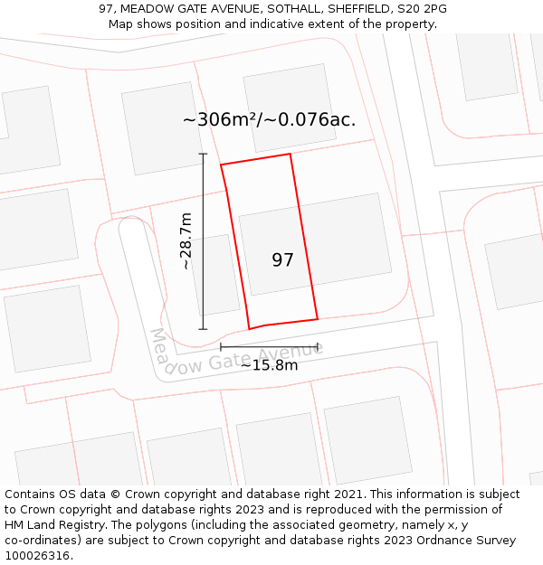 97, MEADOW GATE AVENUE, SOTHALL, SHEFFIELD, S20 2PG: Plot and title map