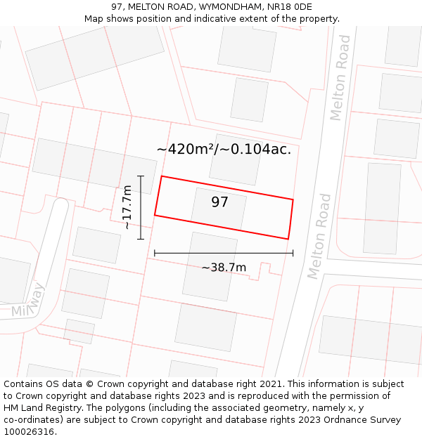 97, MELTON ROAD, WYMONDHAM, NR18 0DE: Plot and title map