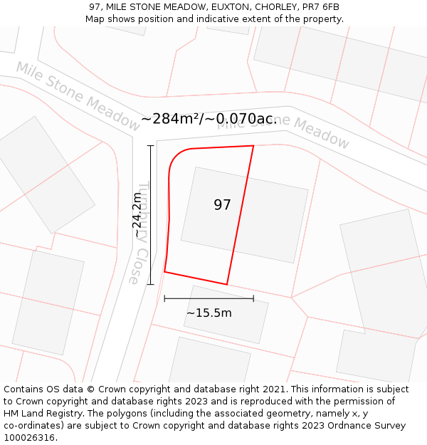 97, MILE STONE MEADOW, EUXTON, CHORLEY, PR7 6FB: Plot and title map