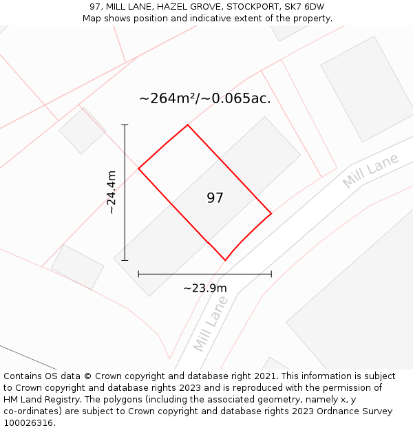 97, MILL LANE, HAZEL GROVE, STOCKPORT, SK7 6DW: Plot and title map