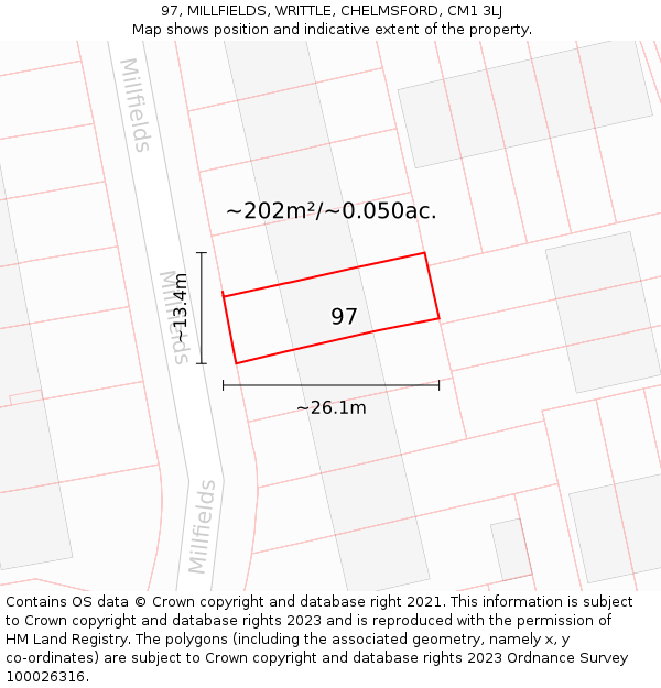 97, MILLFIELDS, WRITTLE, CHELMSFORD, CM1 3LJ: Plot and title map
