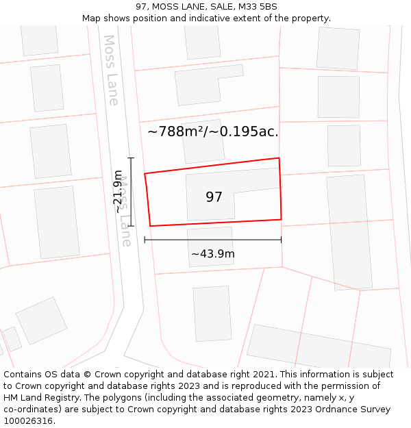 97, MOSS LANE, SALE, M33 5BS: Plot and title map