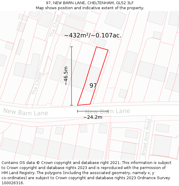 97, NEW BARN LANE, CHELTENHAM, GL52 3LF: Plot and title map