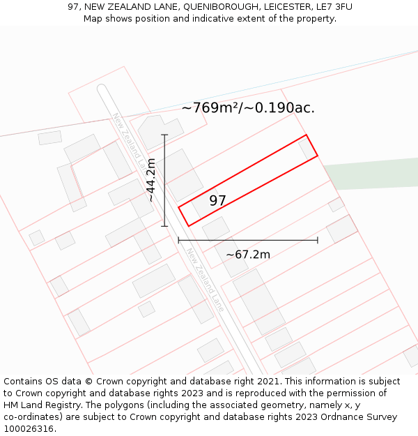 97, NEW ZEALAND LANE, QUENIBOROUGH, LEICESTER, LE7 3FU: Plot and title map
