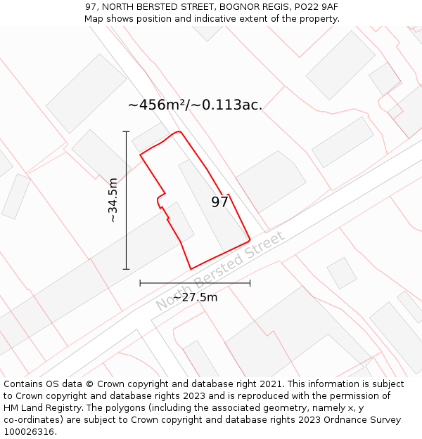 97, NORTH BERSTED STREET, BOGNOR REGIS, PO22 9AF: Plot and title map