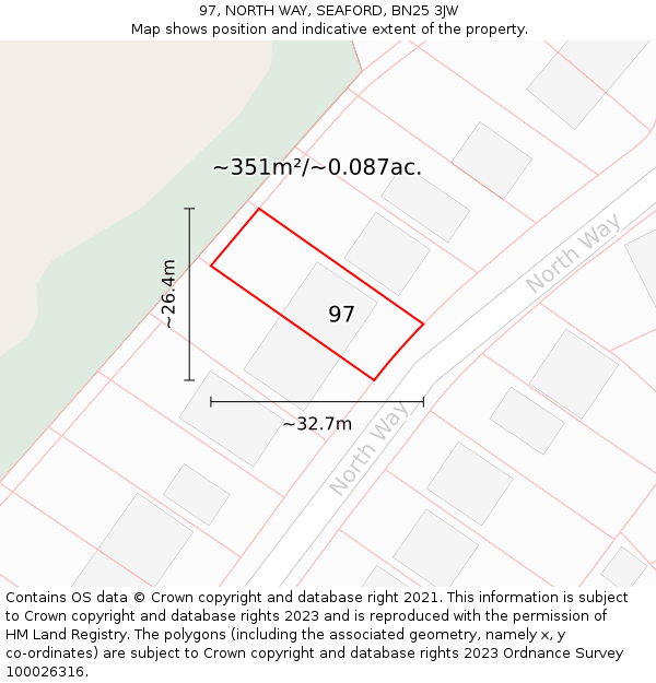 97, NORTH WAY, SEAFORD, BN25 3JW: Plot and title map