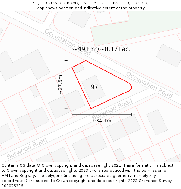 97, OCCUPATION ROAD, LINDLEY, HUDDERSFIELD, HD3 3EQ: Plot and title map