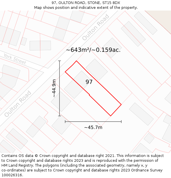 97, OULTON ROAD, STONE, ST15 8DX: Plot and title map