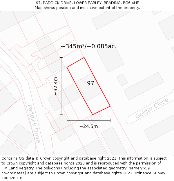97, PADDICK DRIVE, LOWER EARLEY, READING, RG6 4HF: Plot and title map