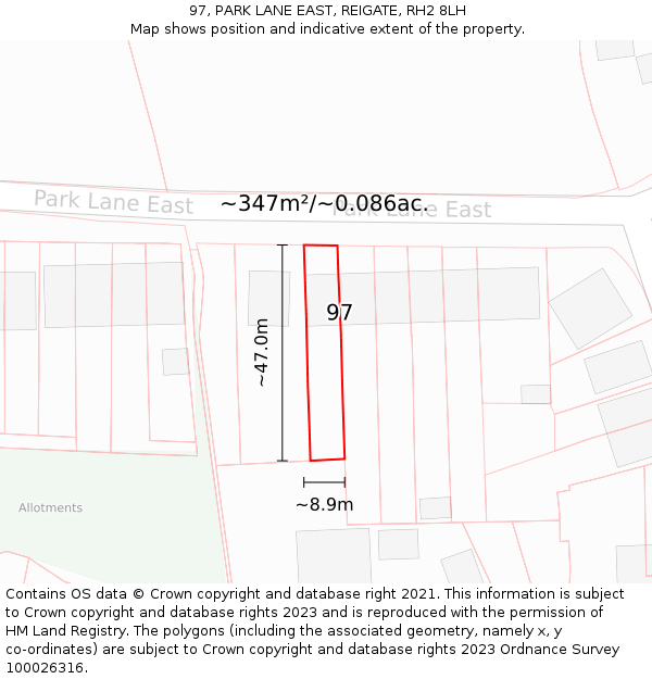 97, PARK LANE EAST, REIGATE, RH2 8LH: Plot and title map