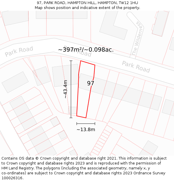 97, PARK ROAD, HAMPTON HILL, HAMPTON, TW12 1HU: Plot and title map
