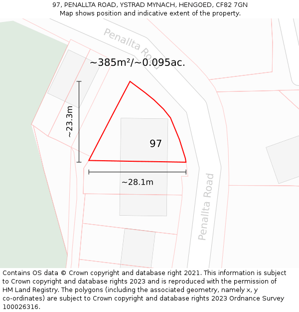 97, PENALLTA ROAD, YSTRAD MYNACH, HENGOED, CF82 7GN: Plot and title map