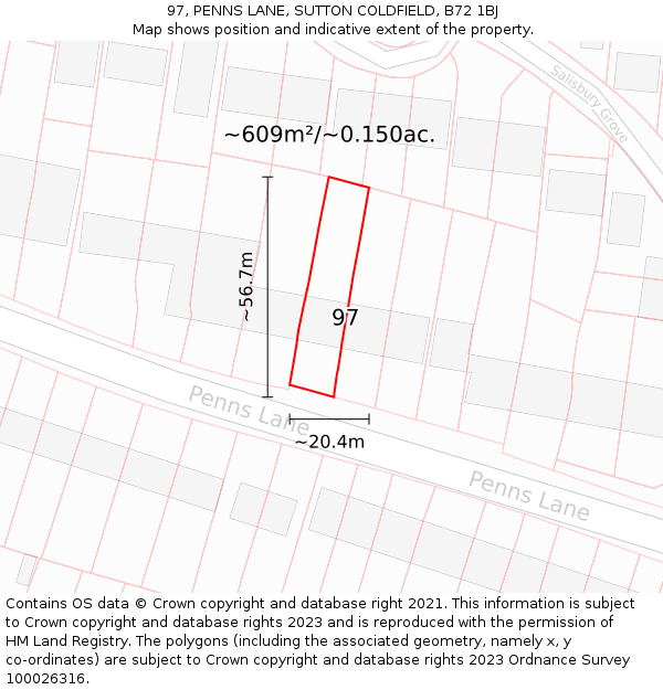 97, PENNS LANE, SUTTON COLDFIELD, B72 1BJ: Plot and title map