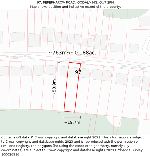 97, PEPERHAROW ROAD, GODALMING, GU7 2PN: Plot and title map