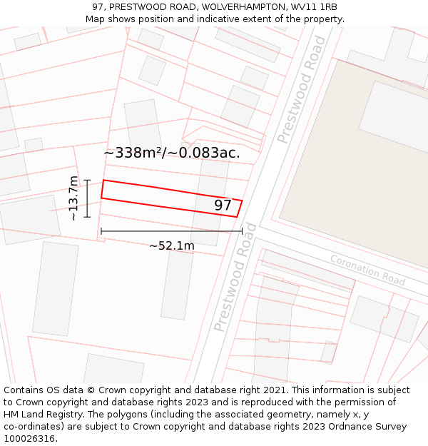 97, PRESTWOOD ROAD, WOLVERHAMPTON, WV11 1RB: Plot and title map