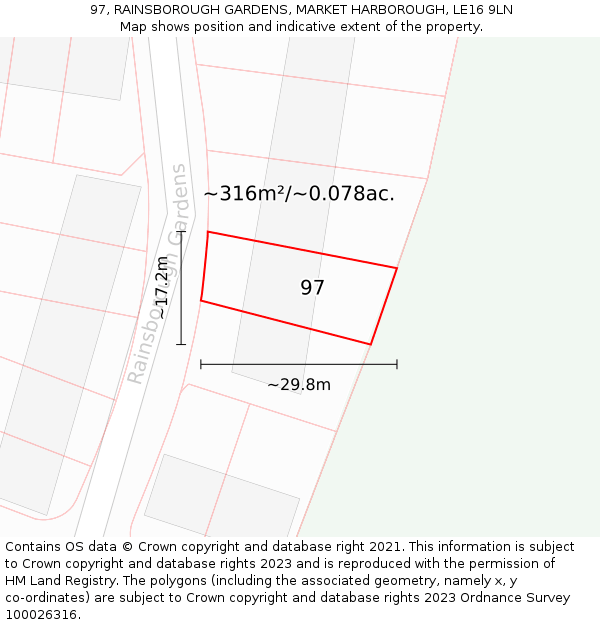 97, RAINSBOROUGH GARDENS, MARKET HARBOROUGH, LE16 9LN: Plot and title map
