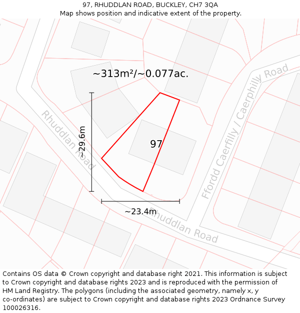 97, RHUDDLAN ROAD, BUCKLEY, CH7 3QA: Plot and title map