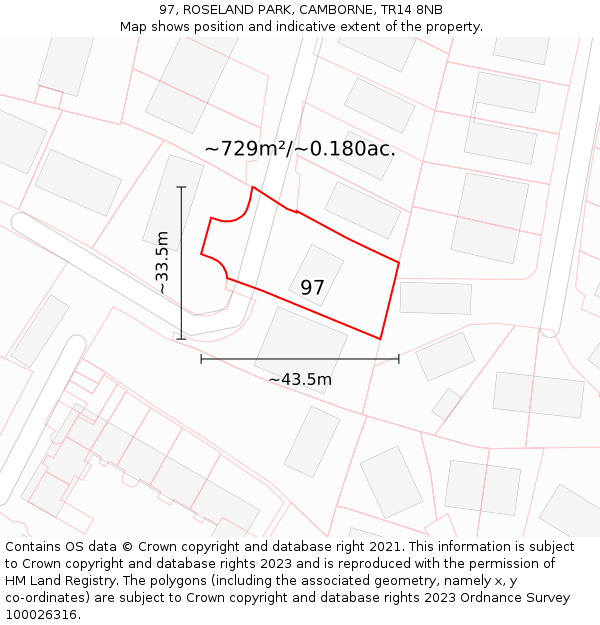 97, ROSELAND PARK, CAMBORNE, TR14 8NB: Plot and title map