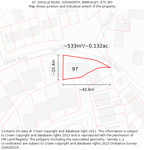 97, SAVILLE ROAD, DODWORTH, BARNSLEY, S75 3PY: Plot and title map