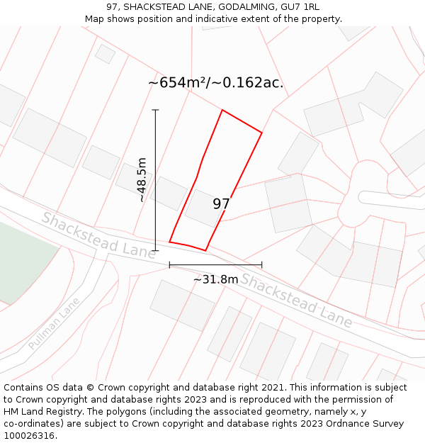 97, SHACKSTEAD LANE, GODALMING, GU7 1RL: Plot and title map