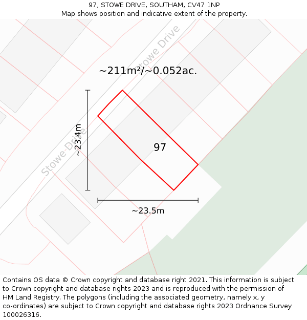 97, STOWE DRIVE, SOUTHAM, CV47 1NP: Plot and title map