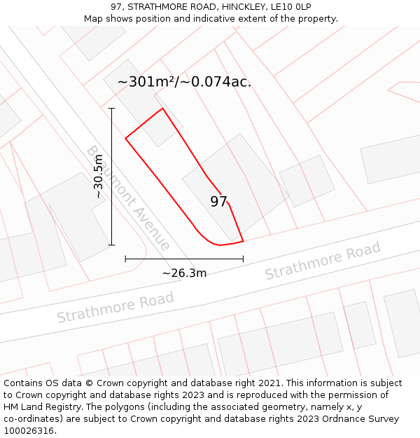 97, STRATHMORE ROAD, HINCKLEY, LE10 0LP: Plot and title map