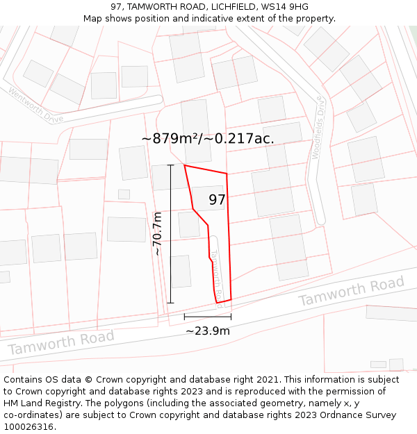 97, TAMWORTH ROAD, LICHFIELD, WS14 9HG: Plot and title map