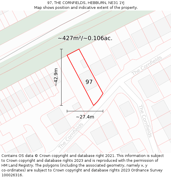 97, THE CORNFIELDS, HEBBURN, NE31 1YJ: Plot and title map