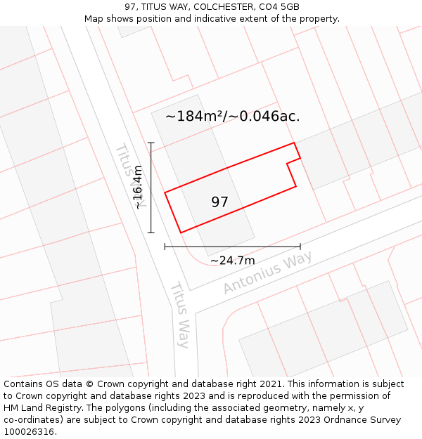 97, TITUS WAY, COLCHESTER, CO4 5GB: Plot and title map
