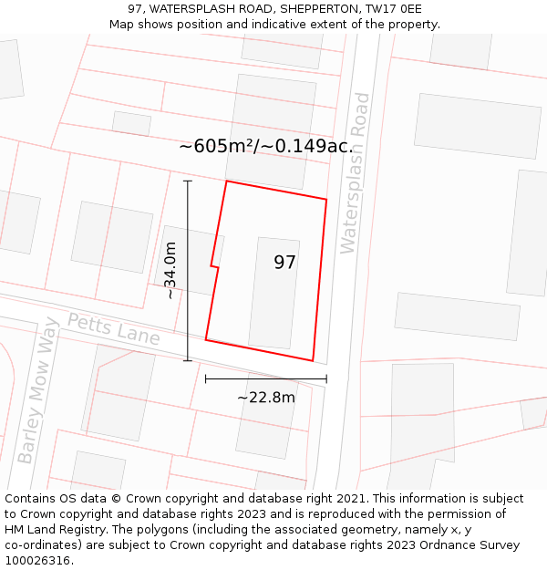 97, WATERSPLASH ROAD, SHEPPERTON, TW17 0EE: Plot and title map