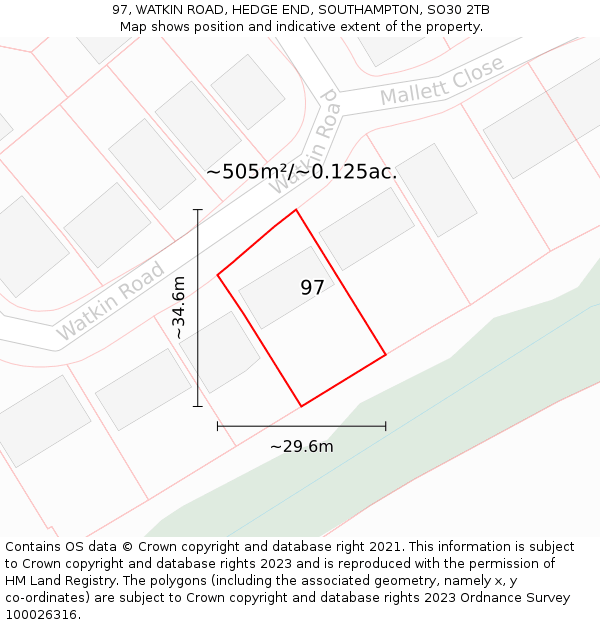 97, WATKIN ROAD, HEDGE END, SOUTHAMPTON, SO30 2TB: Plot and title map