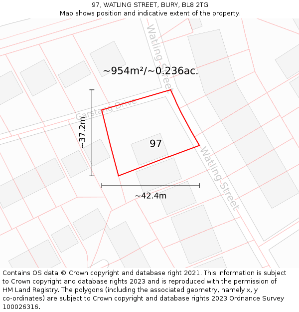 97, WATLING STREET, BURY, BL8 2TG: Plot and title map