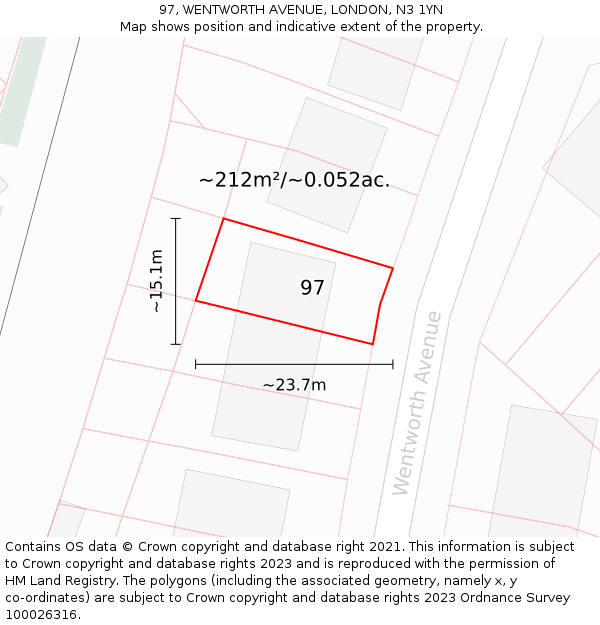 97, WENTWORTH AVENUE, LONDON, N3 1YN: Plot and title map