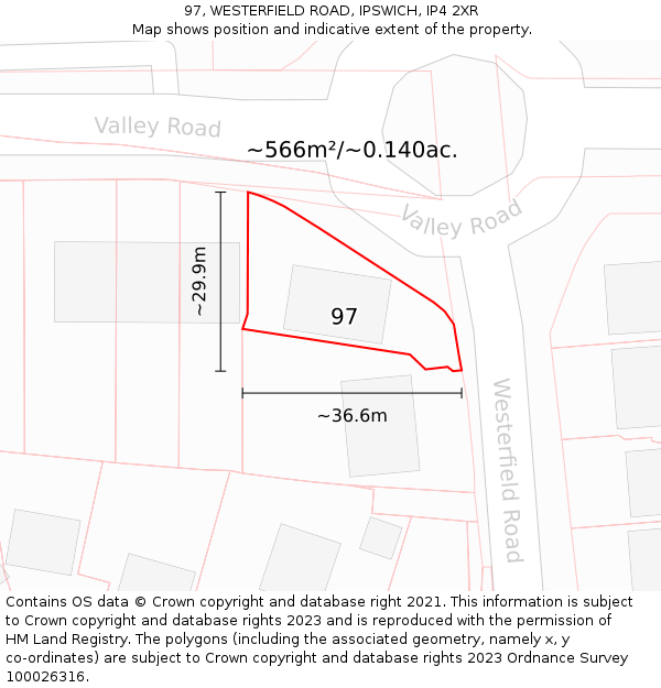 97, WESTERFIELD ROAD, IPSWICH, IP4 2XR: Plot and title map