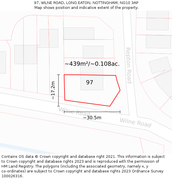 97, WILNE ROAD, LONG EATON, NOTTINGHAM, NG10 3AP: Plot and title map