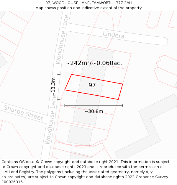97, WOODHOUSE LANE, TAMWORTH, B77 3AH: Plot and title map