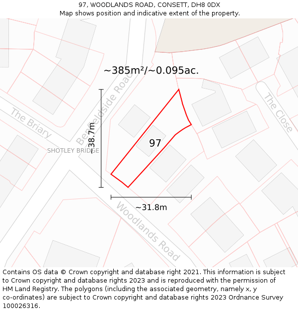 97, WOODLANDS ROAD, CONSETT, DH8 0DX: Plot and title map