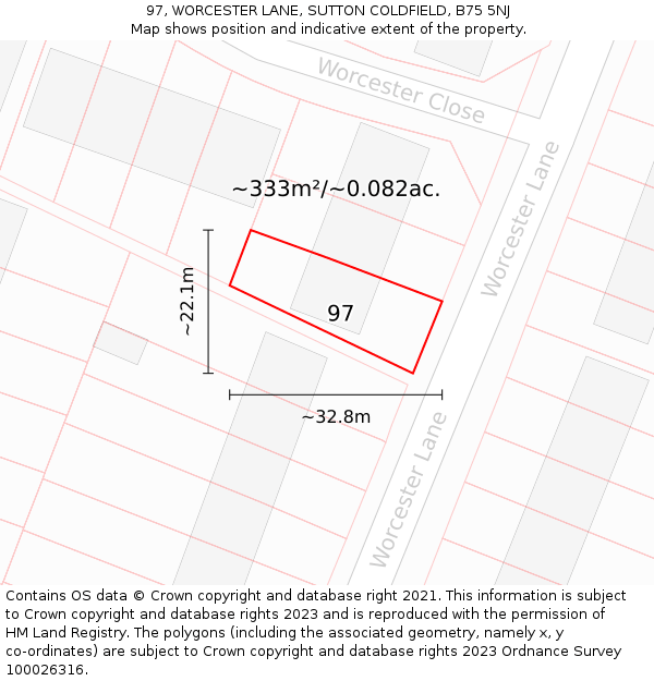97, WORCESTER LANE, SUTTON COLDFIELD, B75 5NJ: Plot and title map