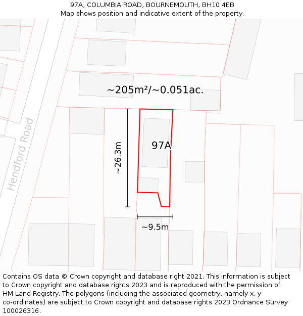 97A, COLUMBIA ROAD, BOURNEMOUTH, BH10 4EB: Plot and title map