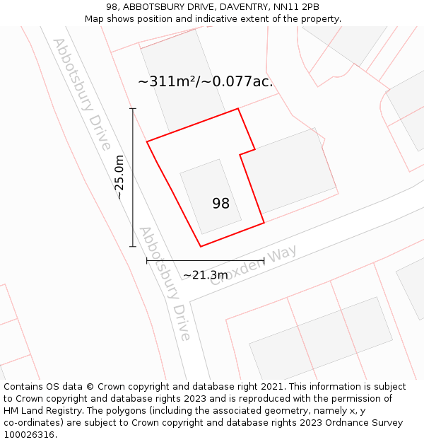 98, ABBOTSBURY DRIVE, DAVENTRY, NN11 2PB: Plot and title map