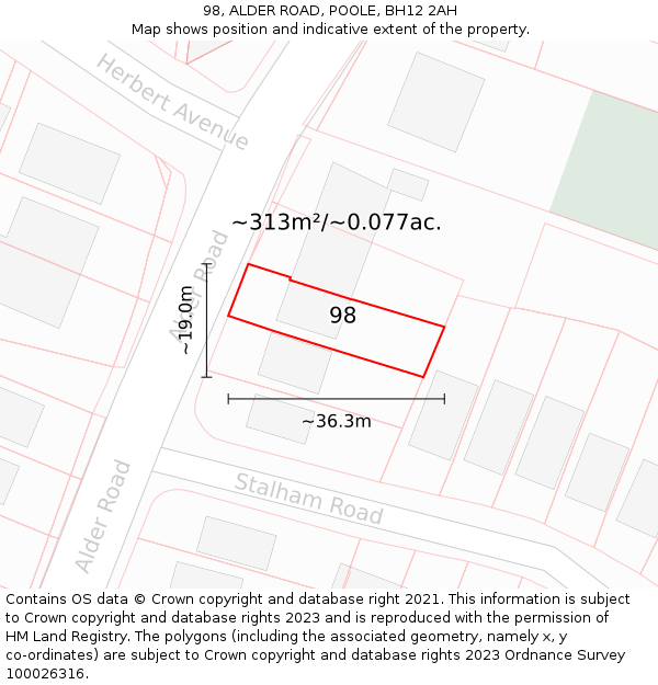 98, ALDER ROAD, POOLE, BH12 2AH: Plot and title map