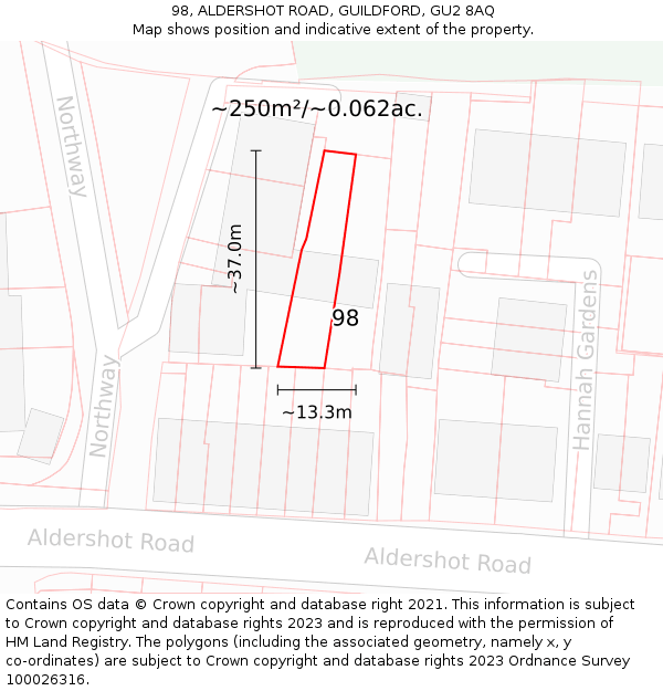 98, ALDERSHOT ROAD, GUILDFORD, GU2 8AQ: Plot and title map