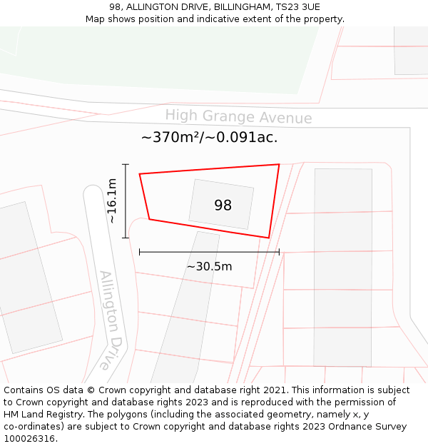 98, ALLINGTON DRIVE, BILLINGHAM, TS23 3UE: Plot and title map
