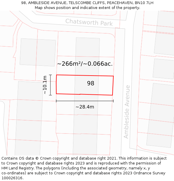 98, AMBLESIDE AVENUE, TELSCOMBE CLIFFS, PEACEHAVEN, BN10 7LH: Plot and title map