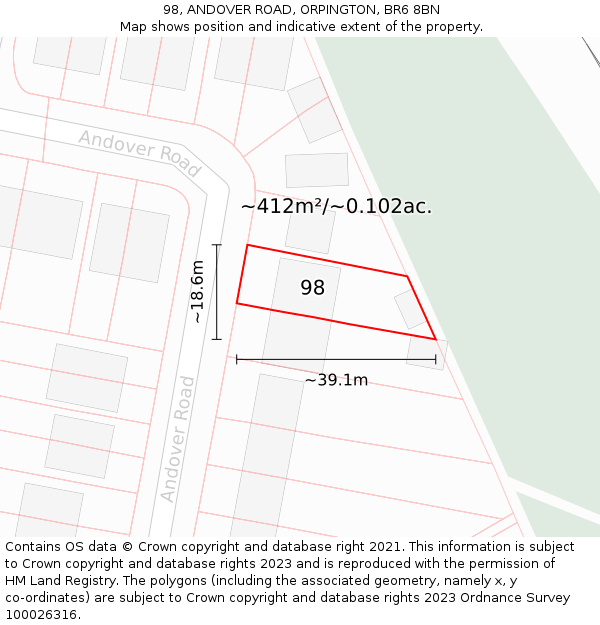 98, ANDOVER ROAD, ORPINGTON, BR6 8BN: Plot and title map